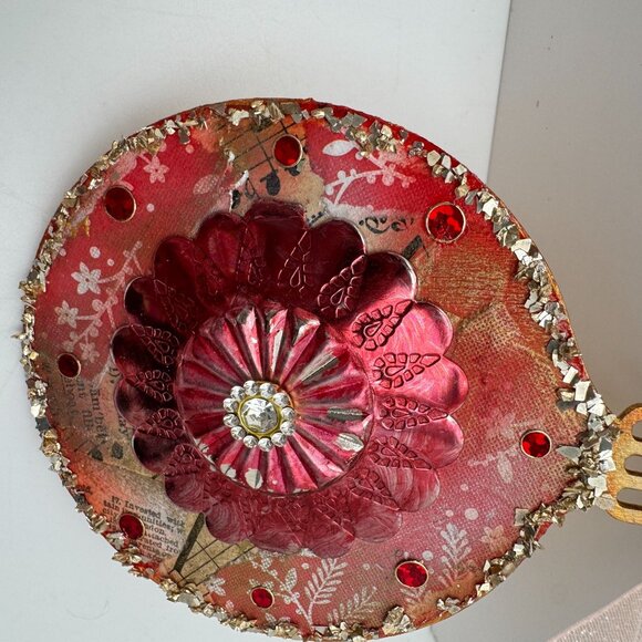 Handcrafted OOAK Red Medallion Ornament With Collage Design Floral Embellishment - Picture 8 of 10